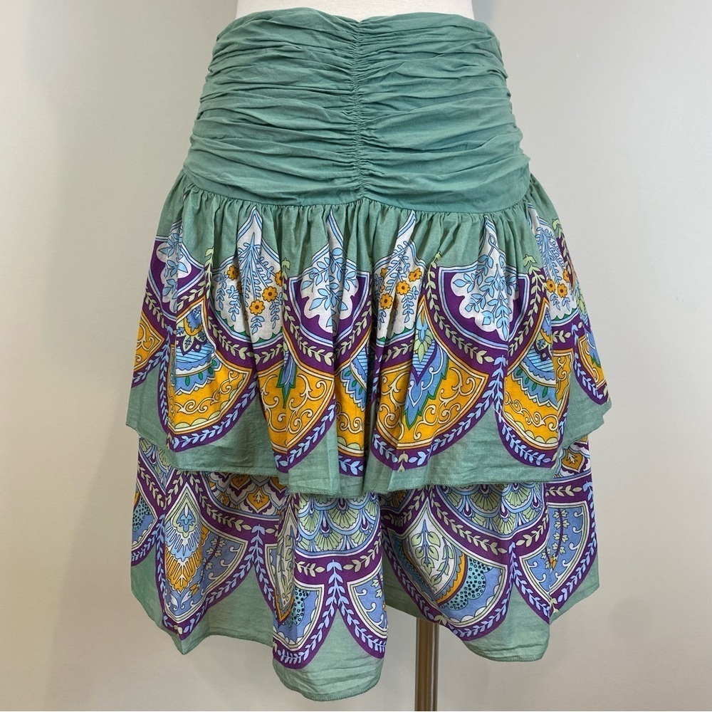 Anthropologie‎ LetMeBe Tiered Bohemian Mini Skirt Sz S Lined Ruched Waist Fairy